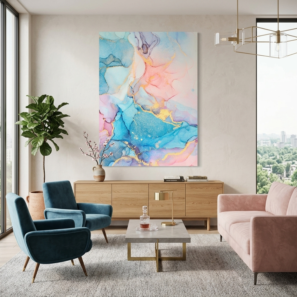 Puderrosa mit blau-goldenen Tönen Abstraktion Leinwand Wand Kunstdruck