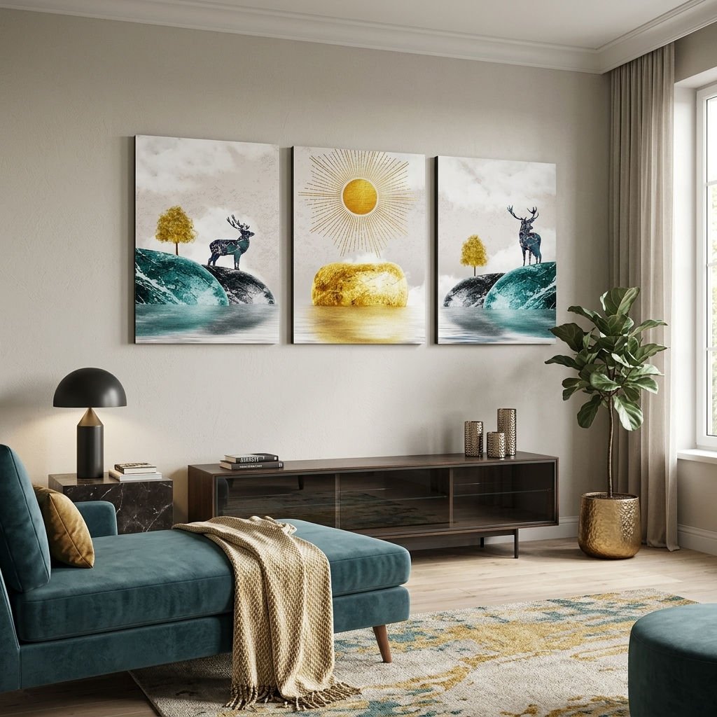 Mehrteiliger Kunstdruck auf Leinwand, Sonne zwischen zwei Hügeln