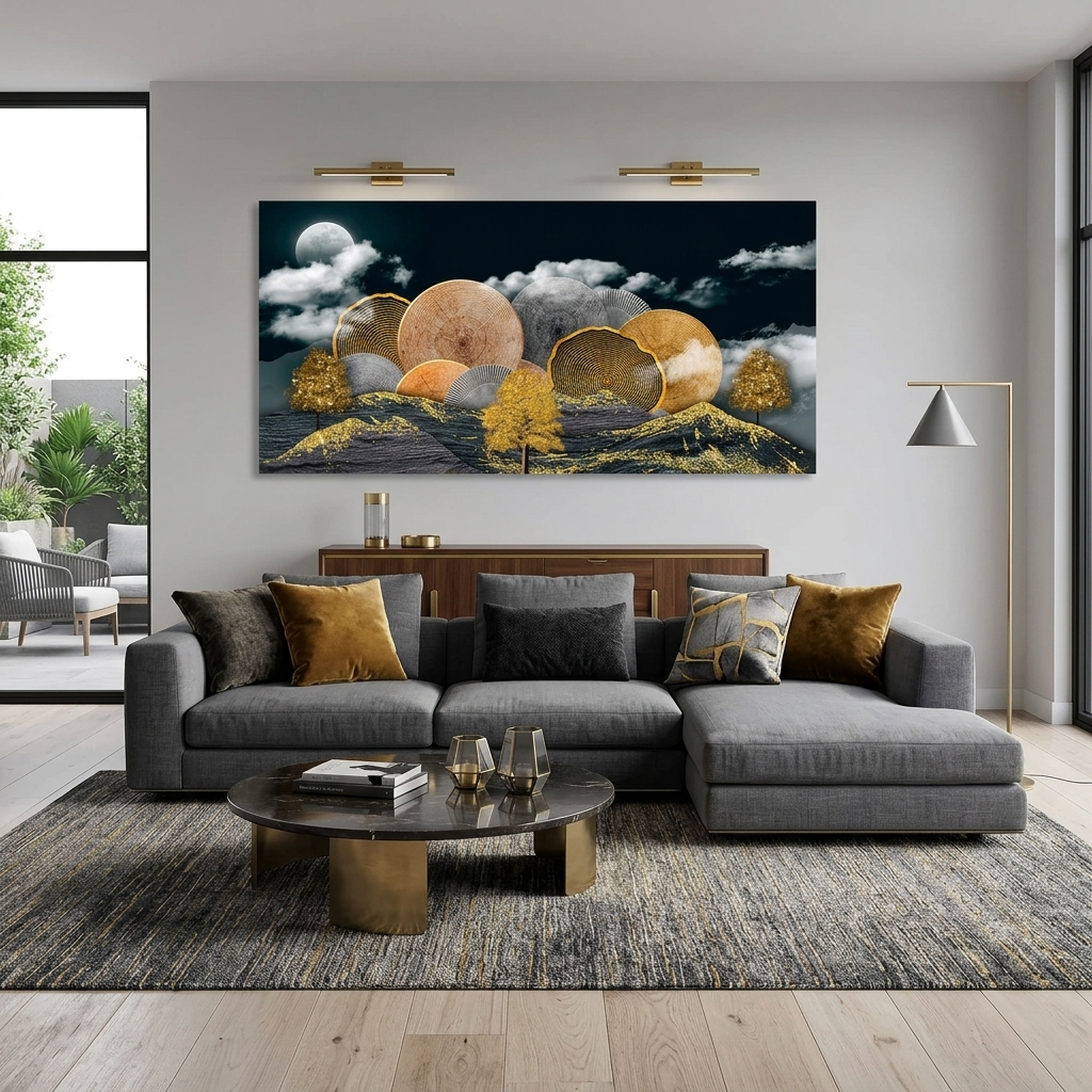 Bergbäume in Gold- und Grautönen Abstrakter Kunstdruck auf Leinwand