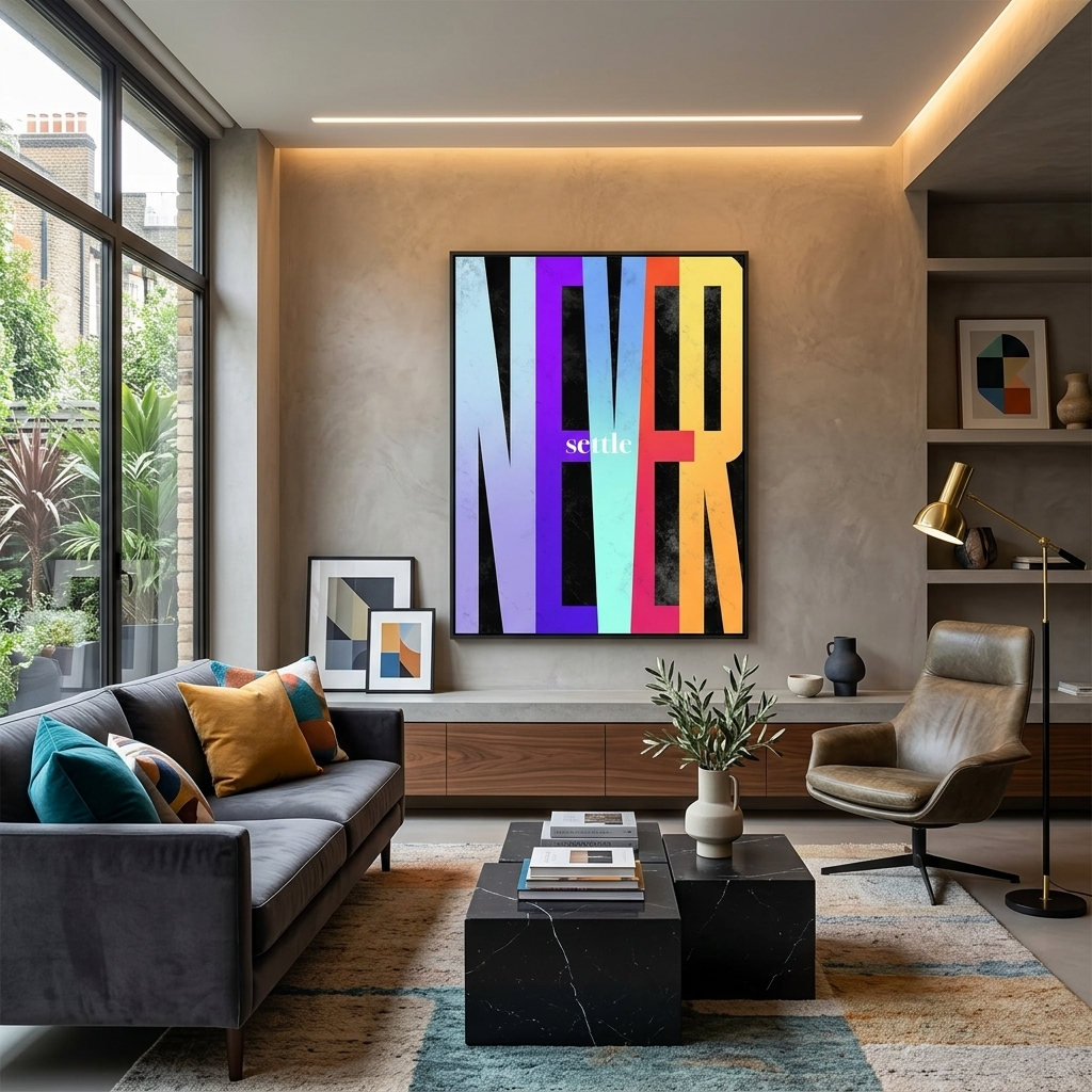 Um zu motivieren, geben Sie sich nie zufrieden, motivierender Kunstdruck auf Leinwand, Wanddekoration