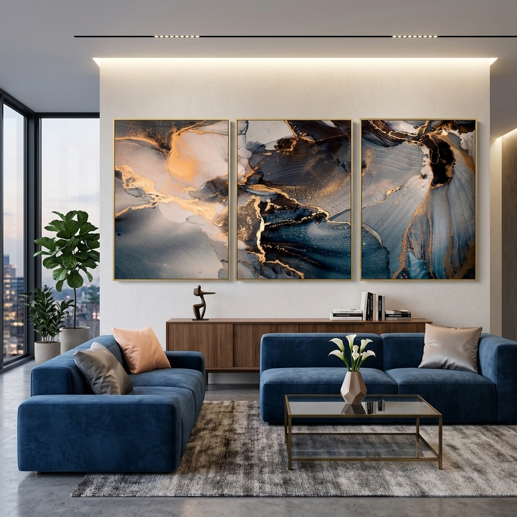 Modularer Kunstdruck auf mehrteiliger Leinwand in Marineblau mit abstrakten goldenen Elementen