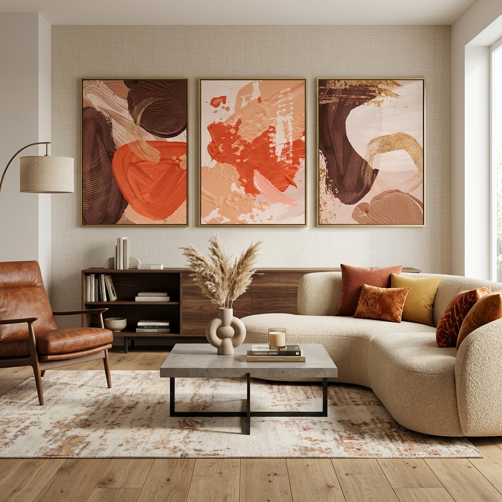 Modularer abstrakter Kunstdruck auf mehrteiliger Leinwand in Beige- und Orangetönen