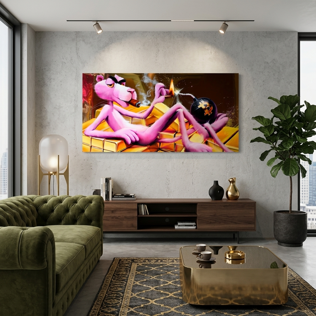 Pink Panther, Gold und Bitcoin Inspirierender Kunstdruck auf Leinwand
