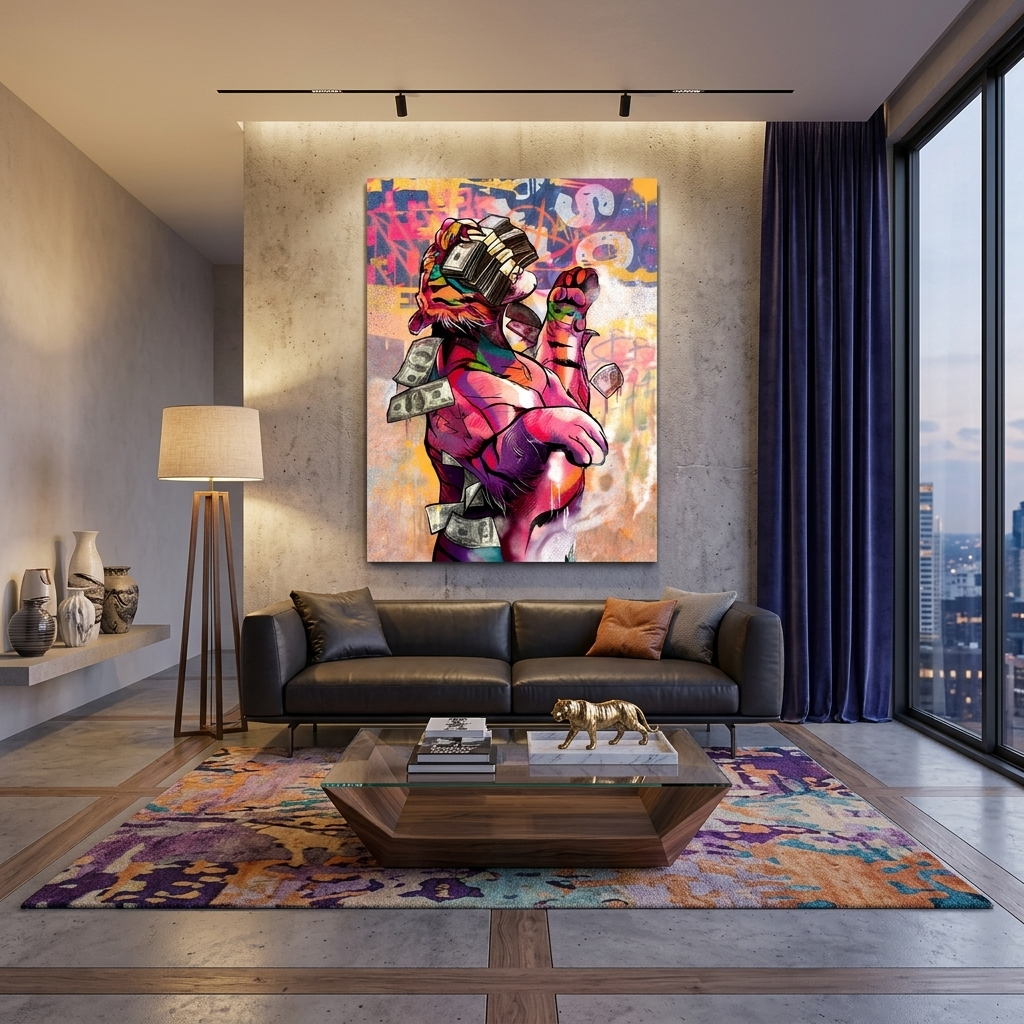Der Tiger und das Geld – motivierender Kunstdruck auf Leinwand