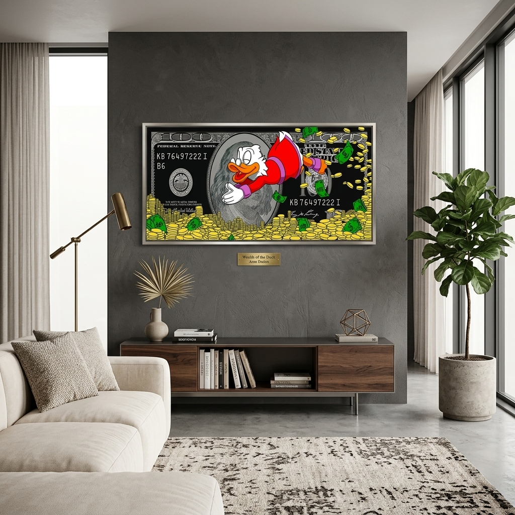 Skrooge taucht in den Gelddollar ein. Inspirierender Kunstdruck auf Leinwand.