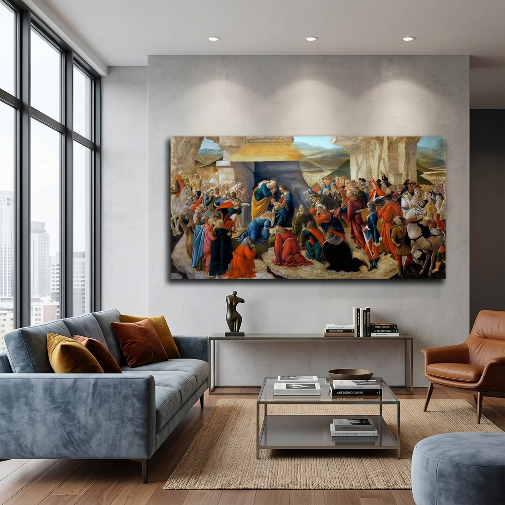 Reproduktion von Botticellis Anbetung der Heiligen Drei Könige, Reproduktion, Kunstdruck auf Leinwand