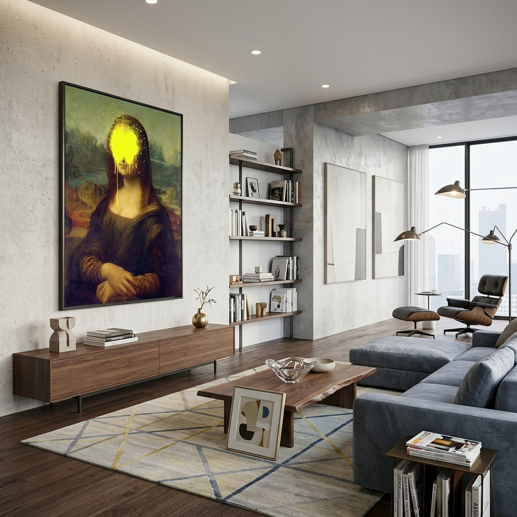 Kunstdruck auf Leinwand, Mona Lisa mit gelber Farbe im Gesicht