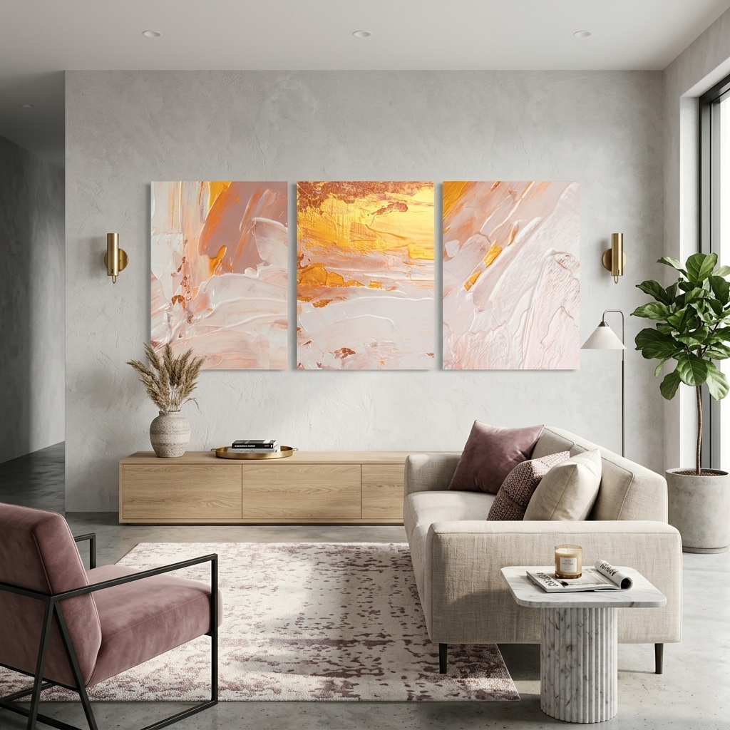 Modularer Kunstdruck auf Leinwand, mehrteilig, Puderfarben mit goldenen Elementen