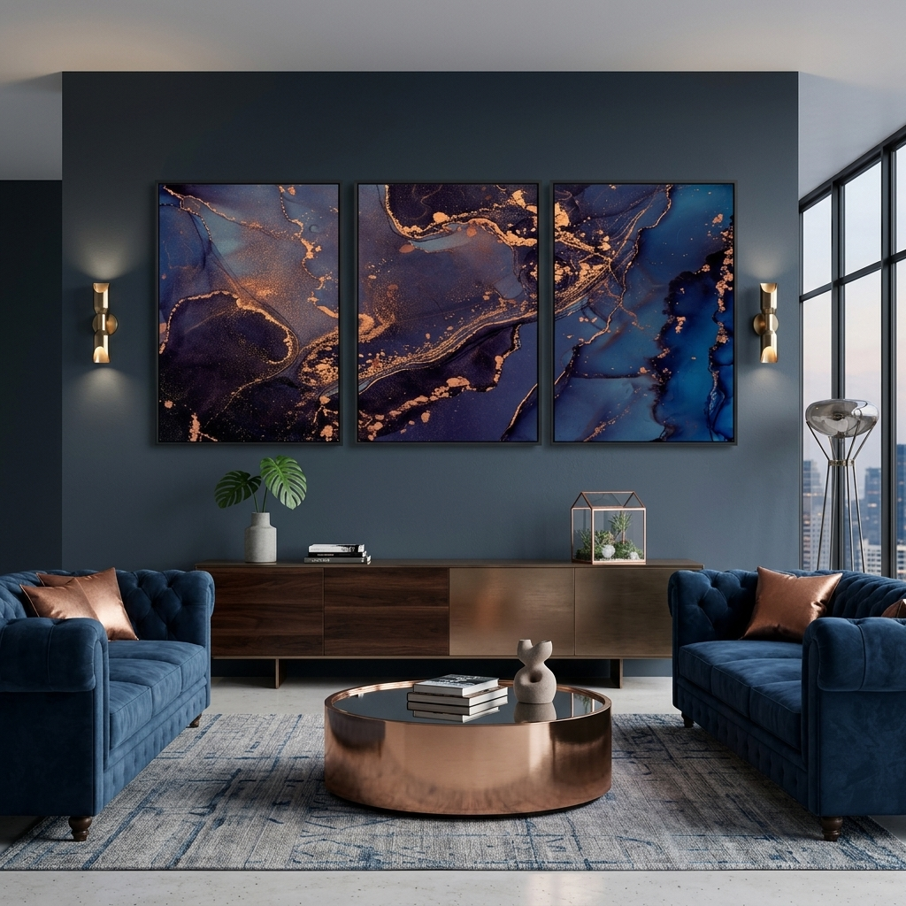 Modularer abstrakter Kunstdruck in Lila und Blau mit goldenen Elementen, mehrere Teile auf Leinwand