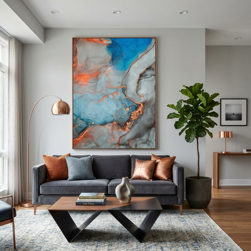 Orange-grau mit blauen Elementen Abstraktion Leinwand Wand Kunstdruck
