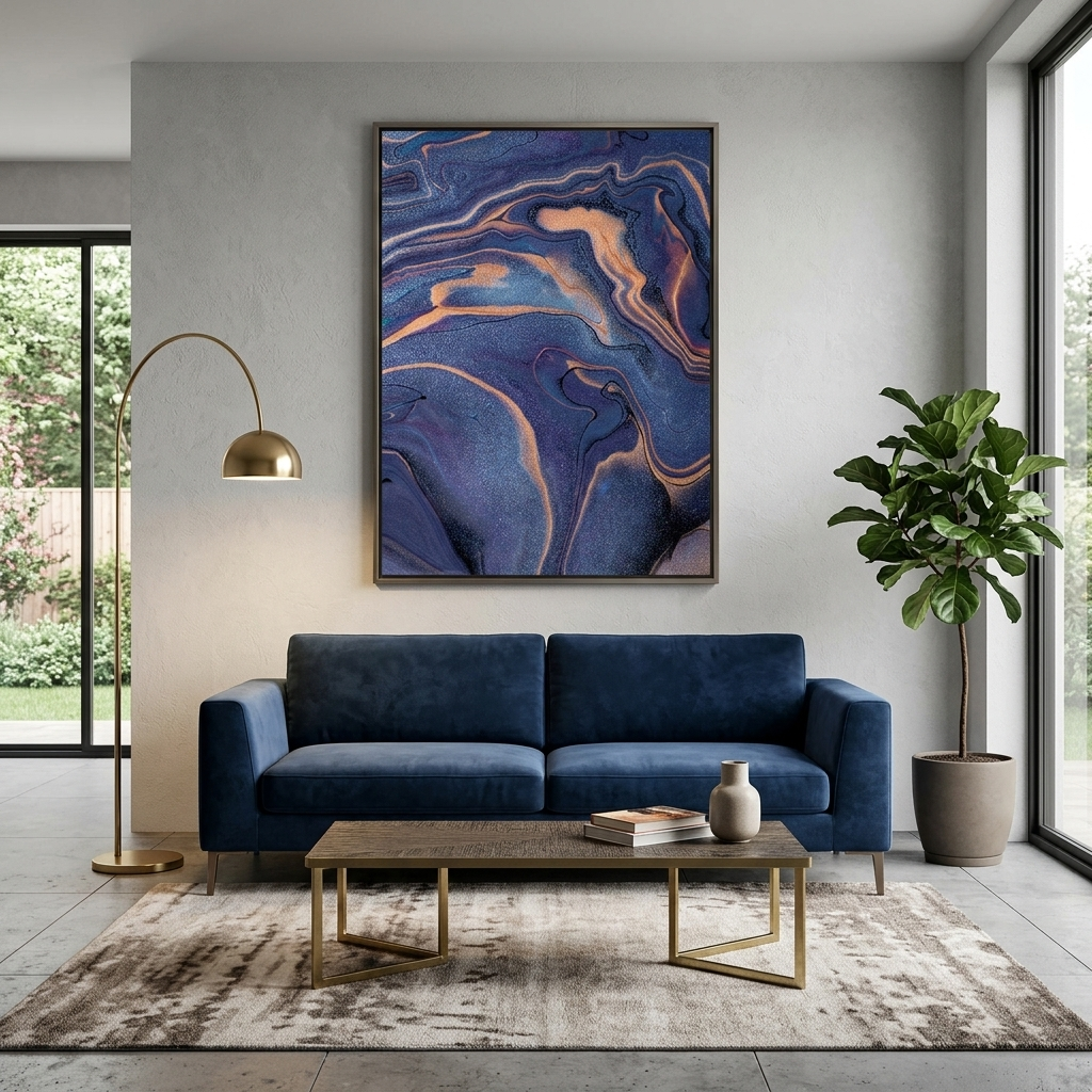 Marineblauer und goldener Abstraktions-Kunstdruck auf Leinwand