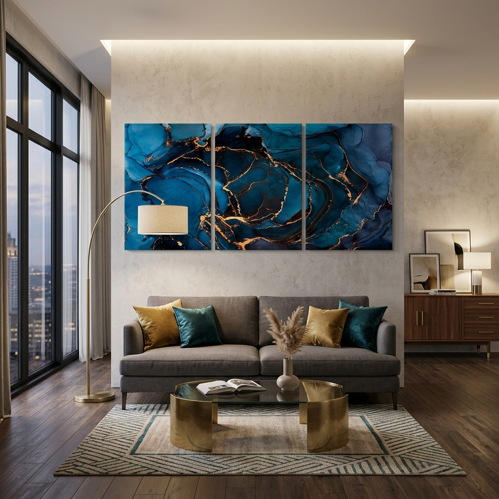Modularer, abstrakter Kunstdruck auf blauer Leinwand mit goldenen Elementen, mehrere Teile