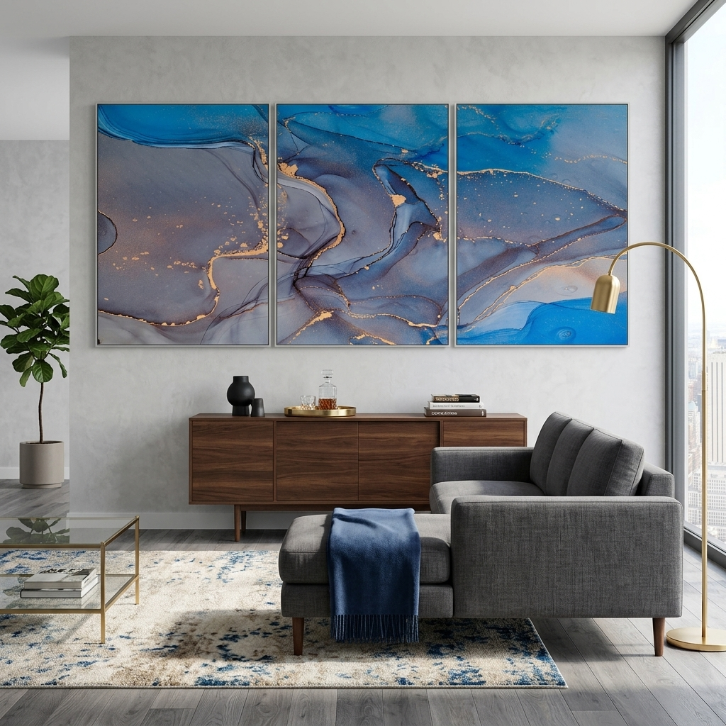 Modularer abstrakter blau-grauer mehrteiliger Kunstdruck auf Leinwand