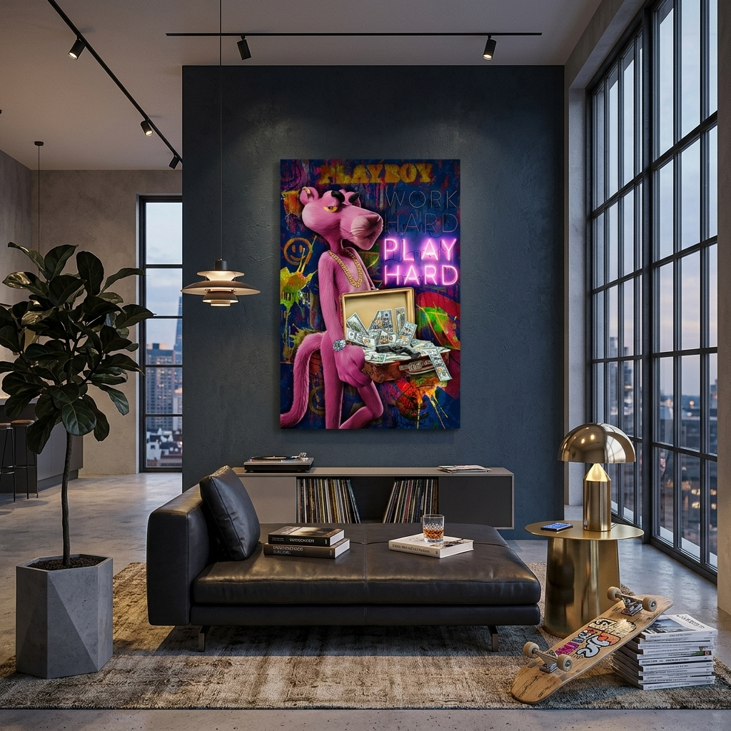 Pink Panther spielt für Erwachsene. Motivierender Kunstdruck auf Leinwand