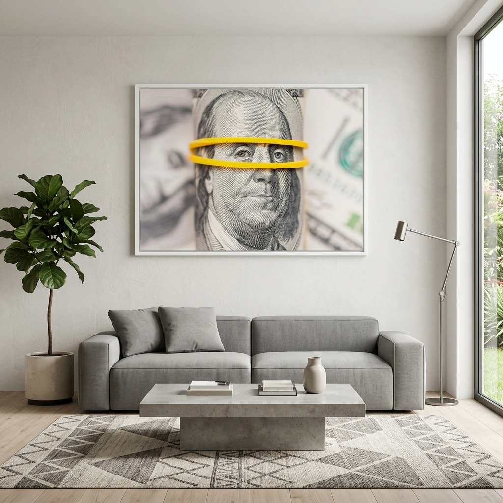 Franklin auf einem verschwommenen Hintergrund aus Dollars. Inspirierender Kunstdruck auf Leinwand.