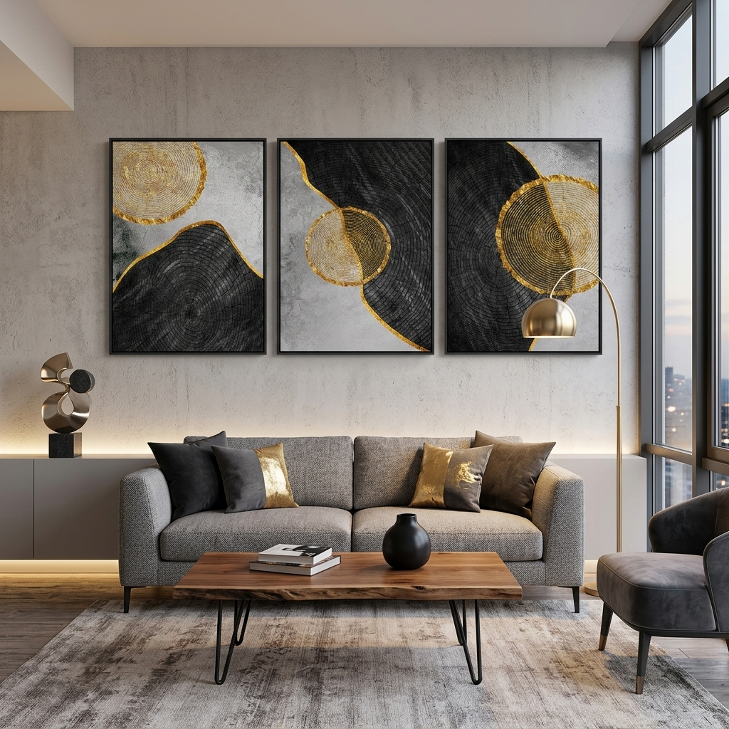 Modularer Kunstdruck auf Leinwand, geometrische Abstraktion mit goldenem Figurenrand, mehrere Teile