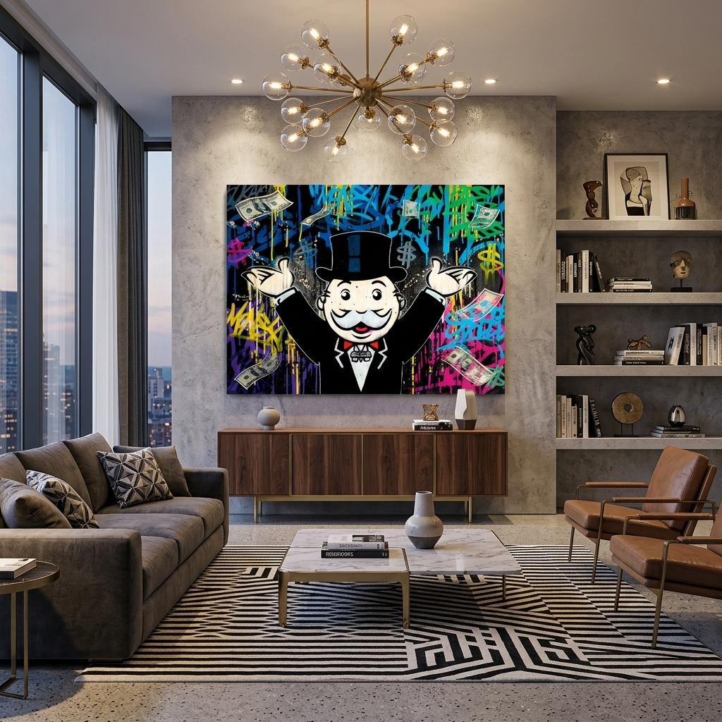 Kunstdruck auf Leinwand mit dem Motiv „Alec Monopoly“ im Hintergrund des Geld-Graffiti