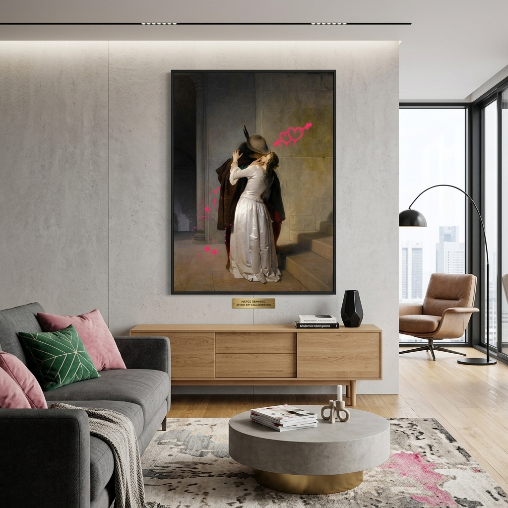 Leinwandbild Kiss von F. Ayets mit rosa Herzen