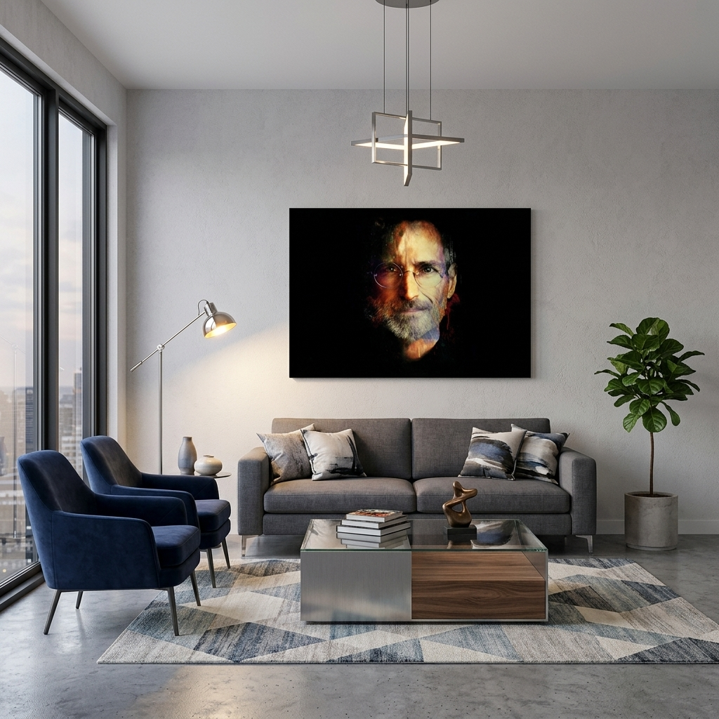 Kunstdruck auf Leinwand mit Steve Jobs auf schwarzem Hintergrund