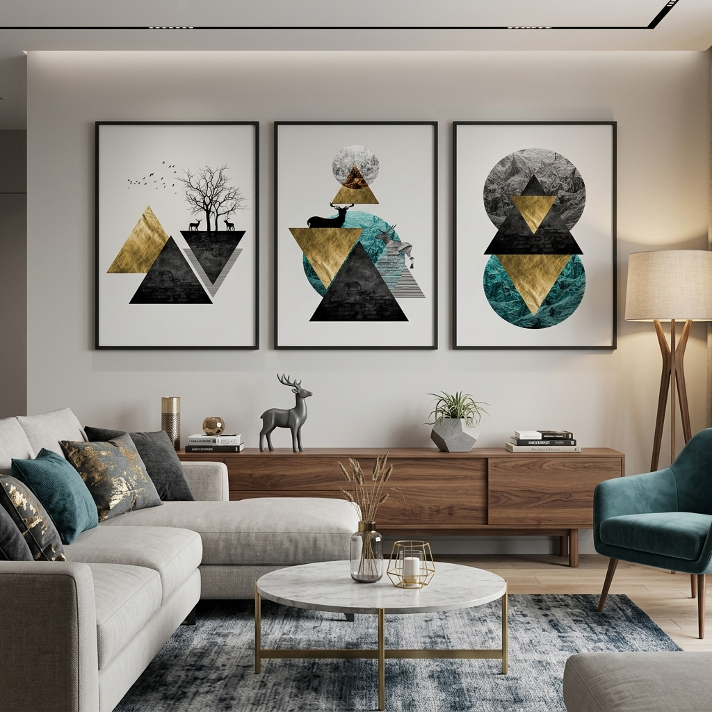 Modularer abstrakter Kunstdruck auf weißem Hintergrund mit geometrischen Formen, mehrere Teile auf Leinwand