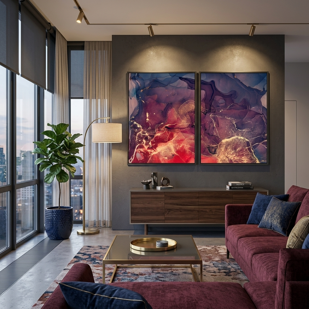 Modularer Kunstdruck auf Leinwand, mehrteilig, Rot, Abstrakt mit dunkelvioletten Farbtönen