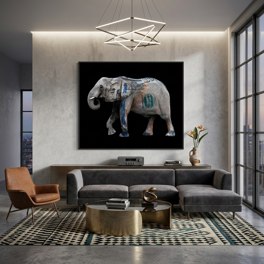 Ein Elefant in der Farbe eines Dollars. Inspirierender Kunstdruck auf Leinwand.