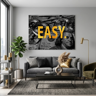 """EASY."" against the backdrop of bitcoin dollars Inspirational Canvas Wall Art Print"