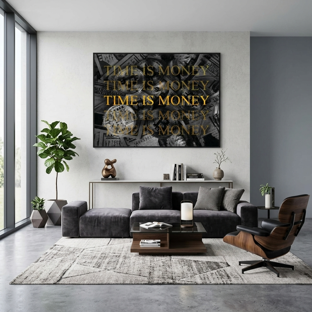 Dollars and bitcoin time money on a gray background Inspirational  Canvas Wall Art Print