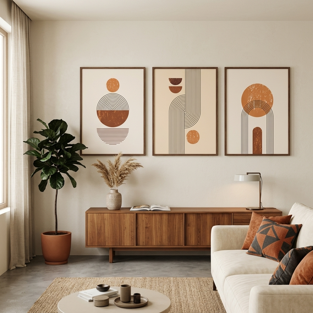 Modularer Kunstdruck auf Leinwand, Motiv Figuren in Beige und Senf, mehrteilig
