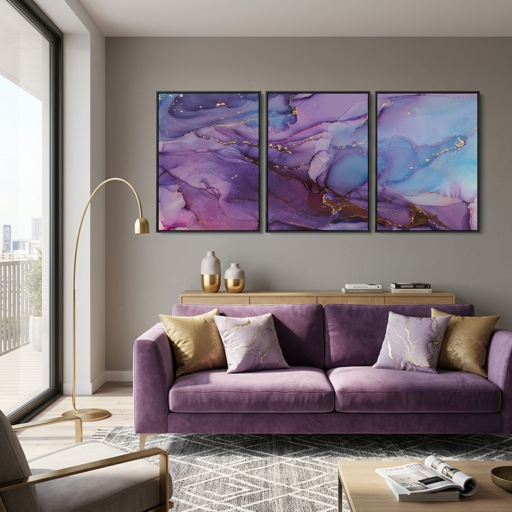Modularer abstrakter Kunstdruck auf Leinwand, mehrteilig, Rosa und Lila
