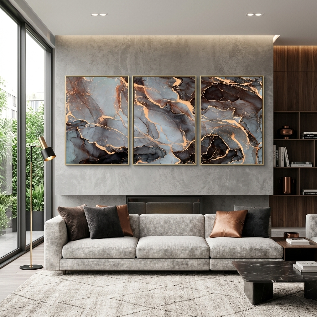 Modularer Kunstdruck auf Leinwand, mehrteilig, grau-gold, Abstraktion