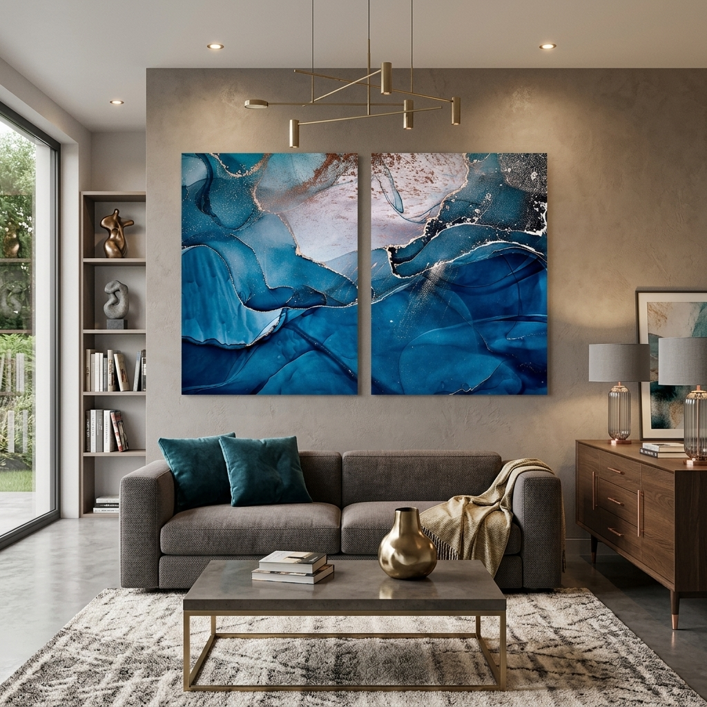 Modularer blau-grauer Abstraktions-Kunstdruck auf Leinwand, mehrere Teile