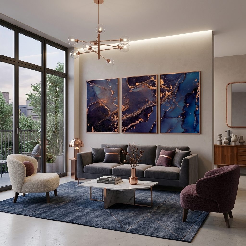 Modularer abstrakter Kunstdruck in Lila und Blau mit goldenen Elementen, mehrere Teile auf Leinwand