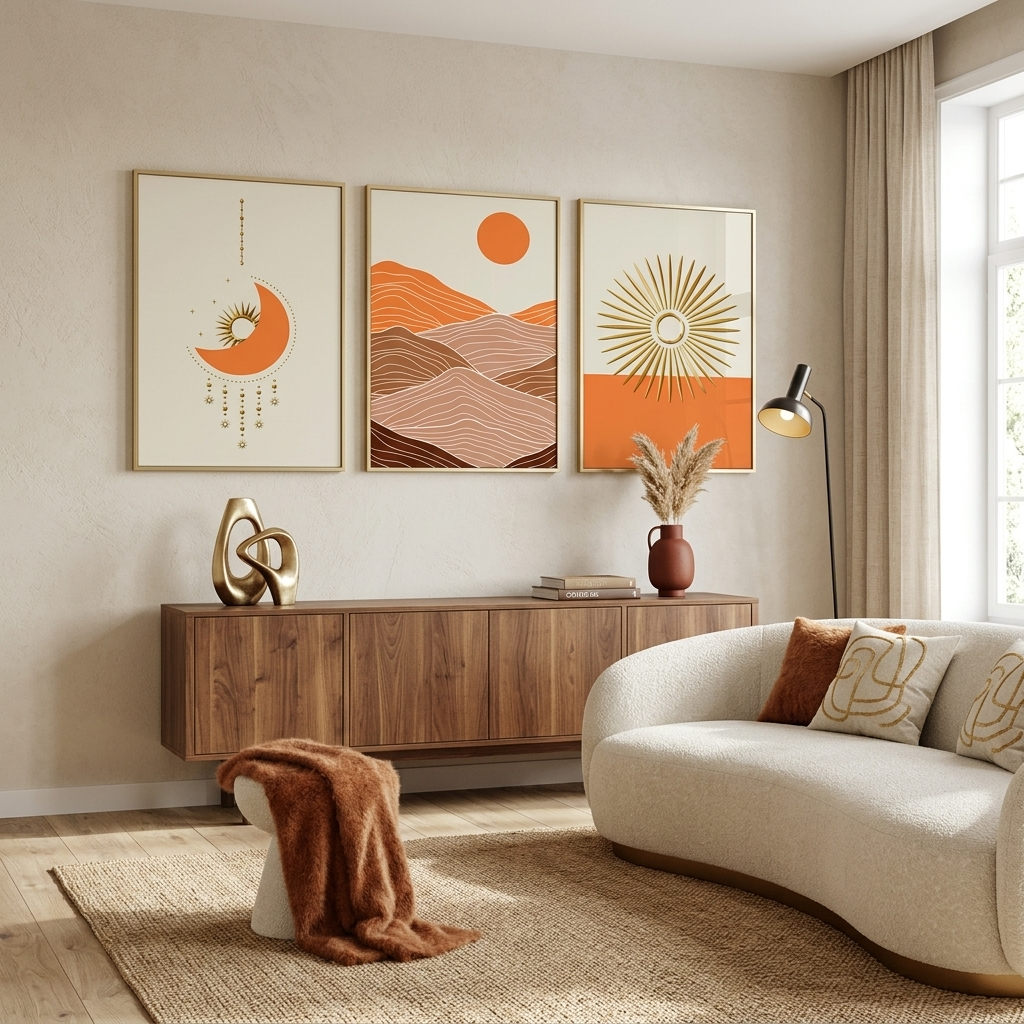 Modulare geometrische Abstraktion mit leuchtend orangefarbenem, mehrteiligem Leinwandbild.