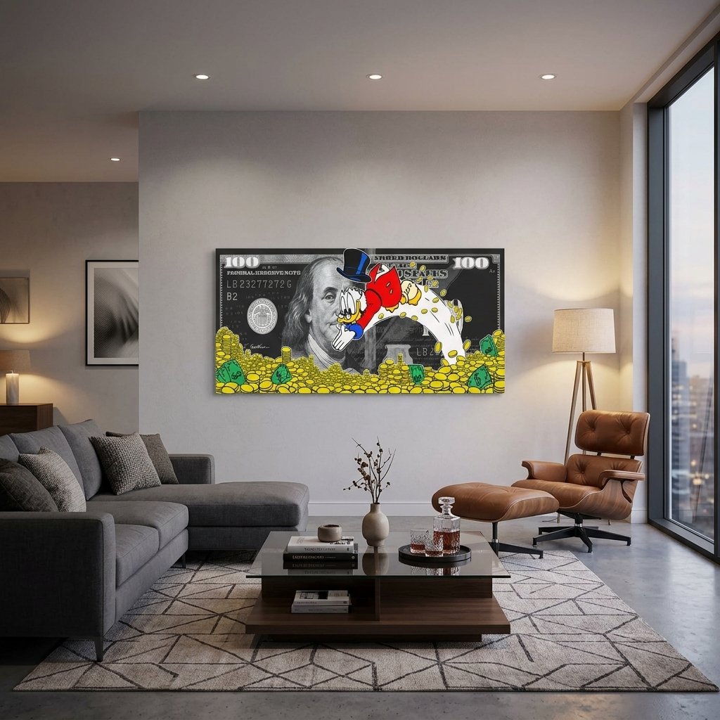 Inspirierender Kunstdruck auf Leinwand, Motiv: Scrooges Meer aus Dollarmünzen