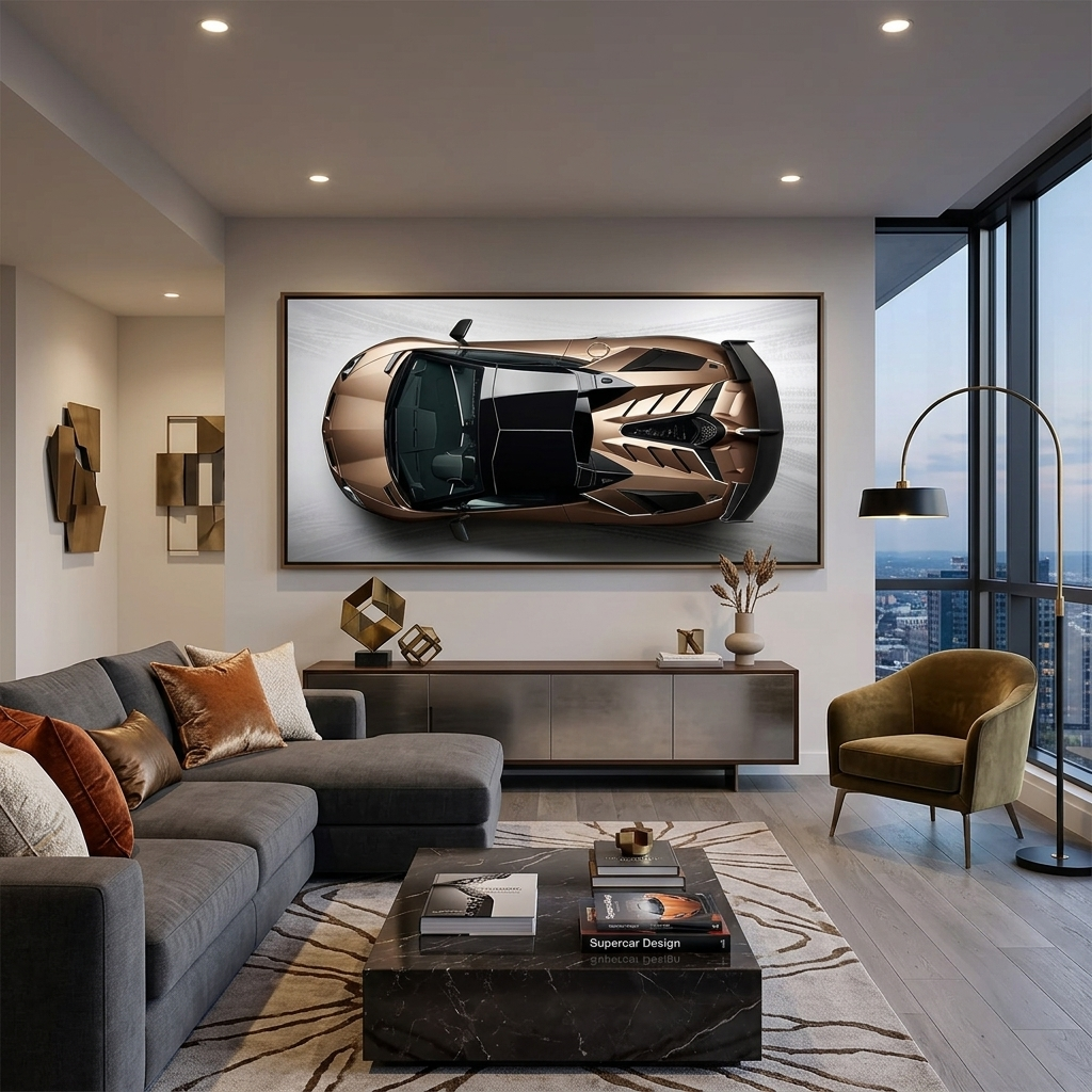 Das Auto ist ein brauner Lamborghini-Kunstdruck auf Leinwand.