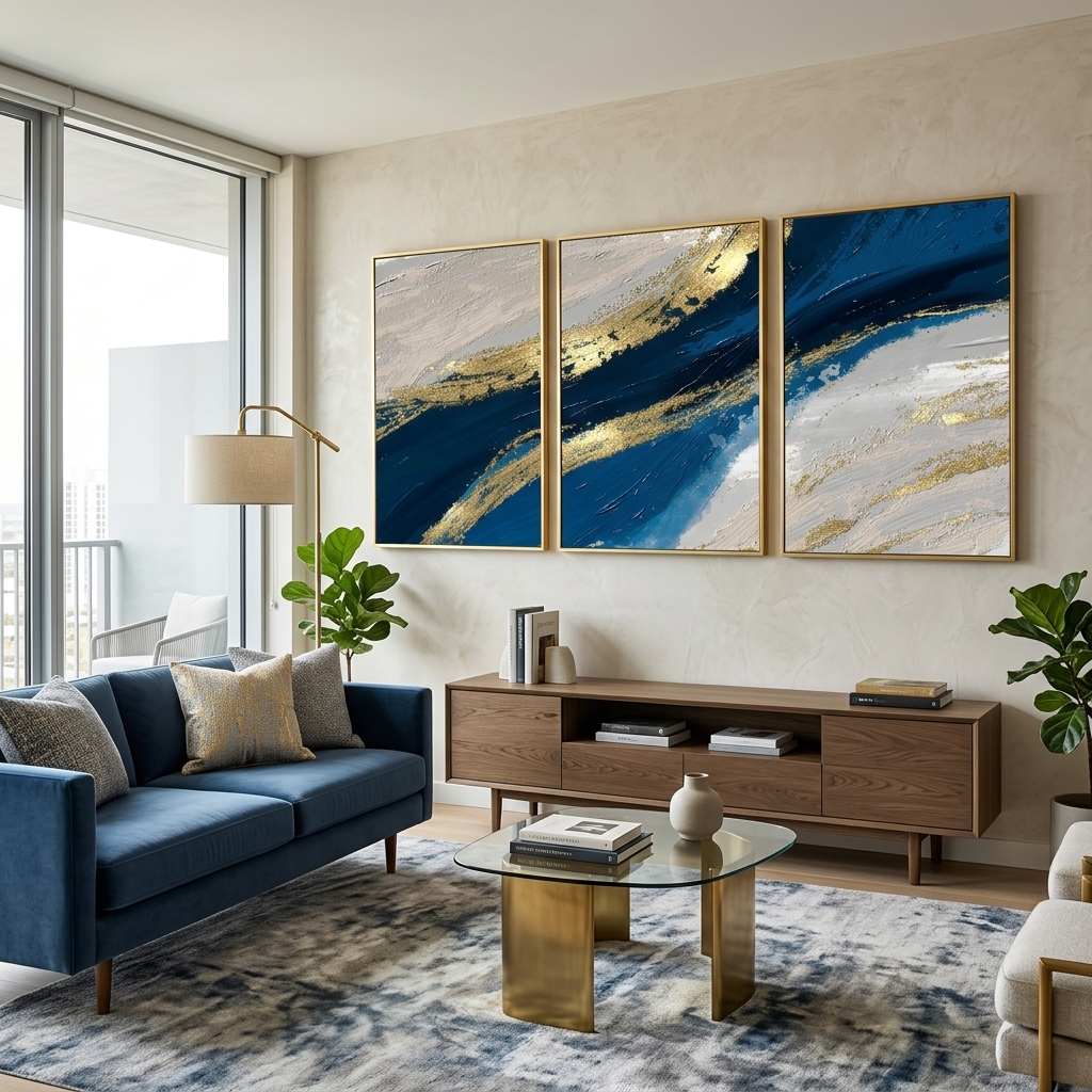 Modularer blau-grauer abstrakter Kunstdruck mit goldenen Elementen, mehrere Teile auf Leinwand