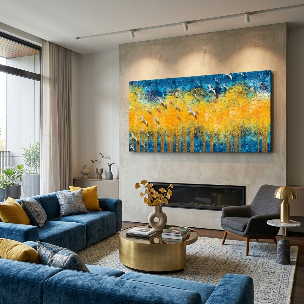 Kunstdruck auf Leinwand, gelb, Bäume auf blauem Hintergrund mit weißen Vögeln