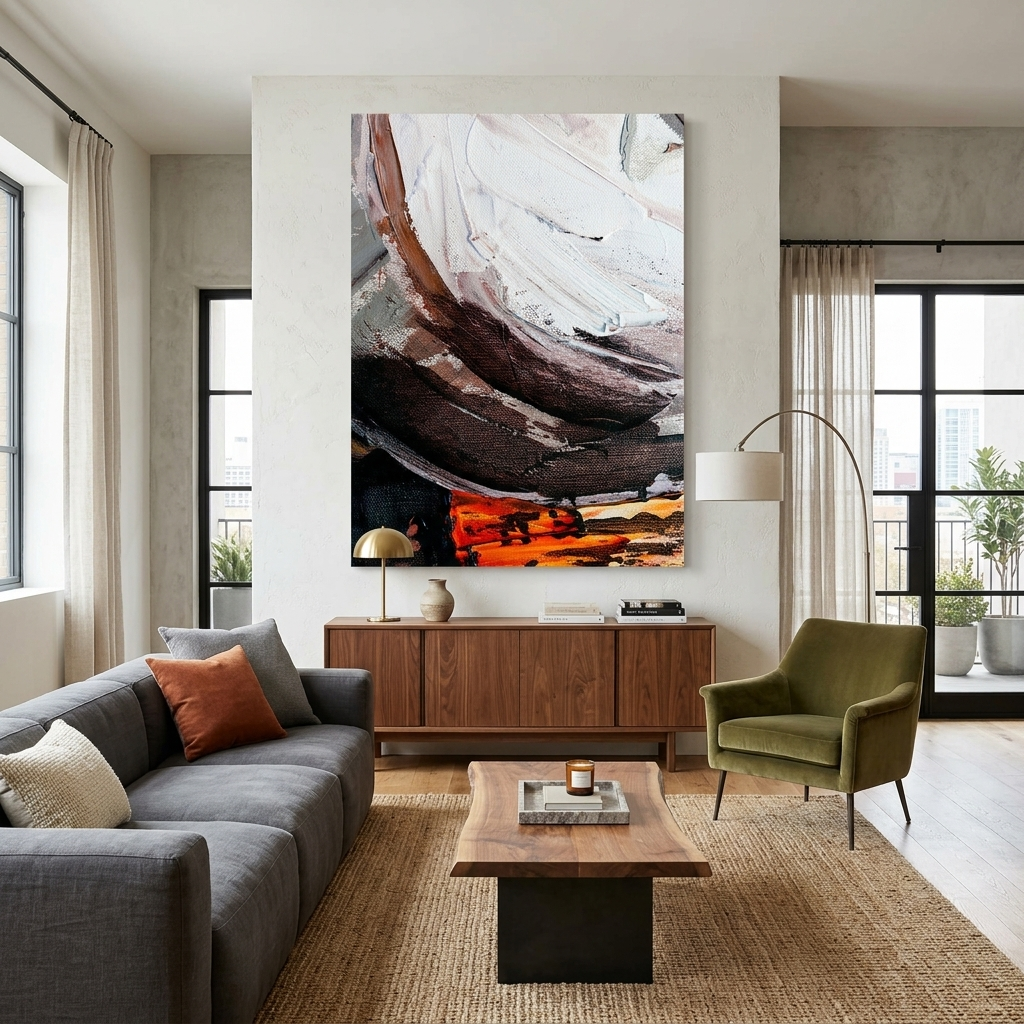 Vertikale Abstraktion in Orange, Schwarz, Braun und Weiß. Abstraktion auf Leinwand, Kunstdruck