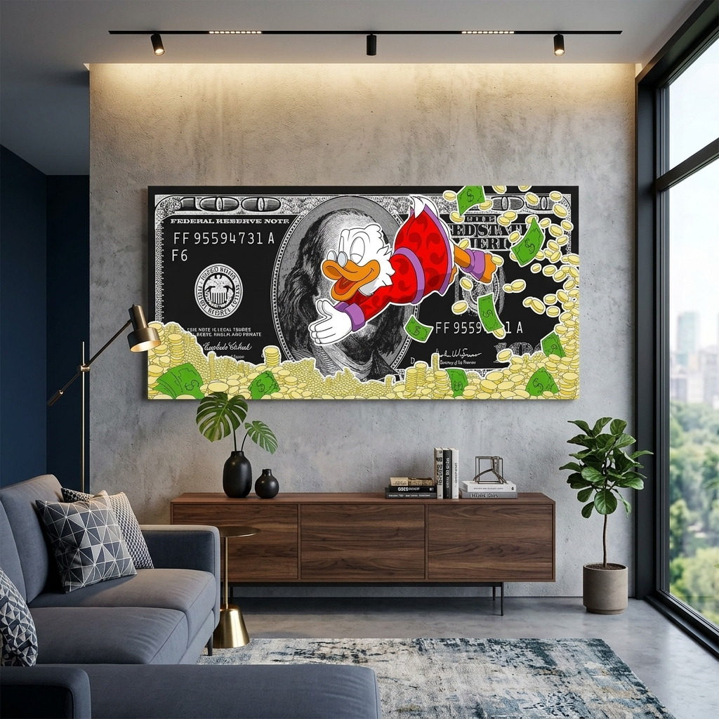 Scrooge's Meer aus Geld, Dollar, inspirierender Kunstdruck auf Leinwand