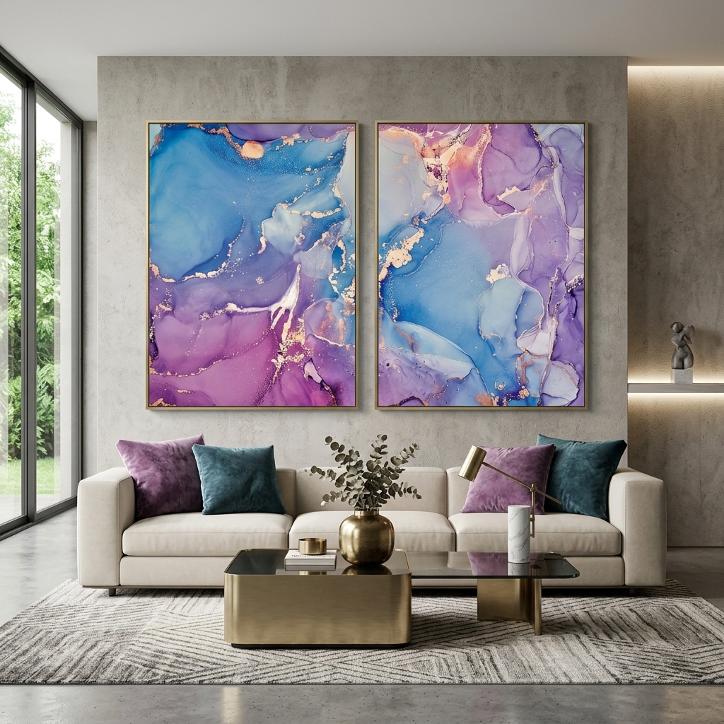 Modularer abstrakter Kunstdruck auf mehrteiliger Leinwand in Blau und zartem Lila mit goldenen Linien