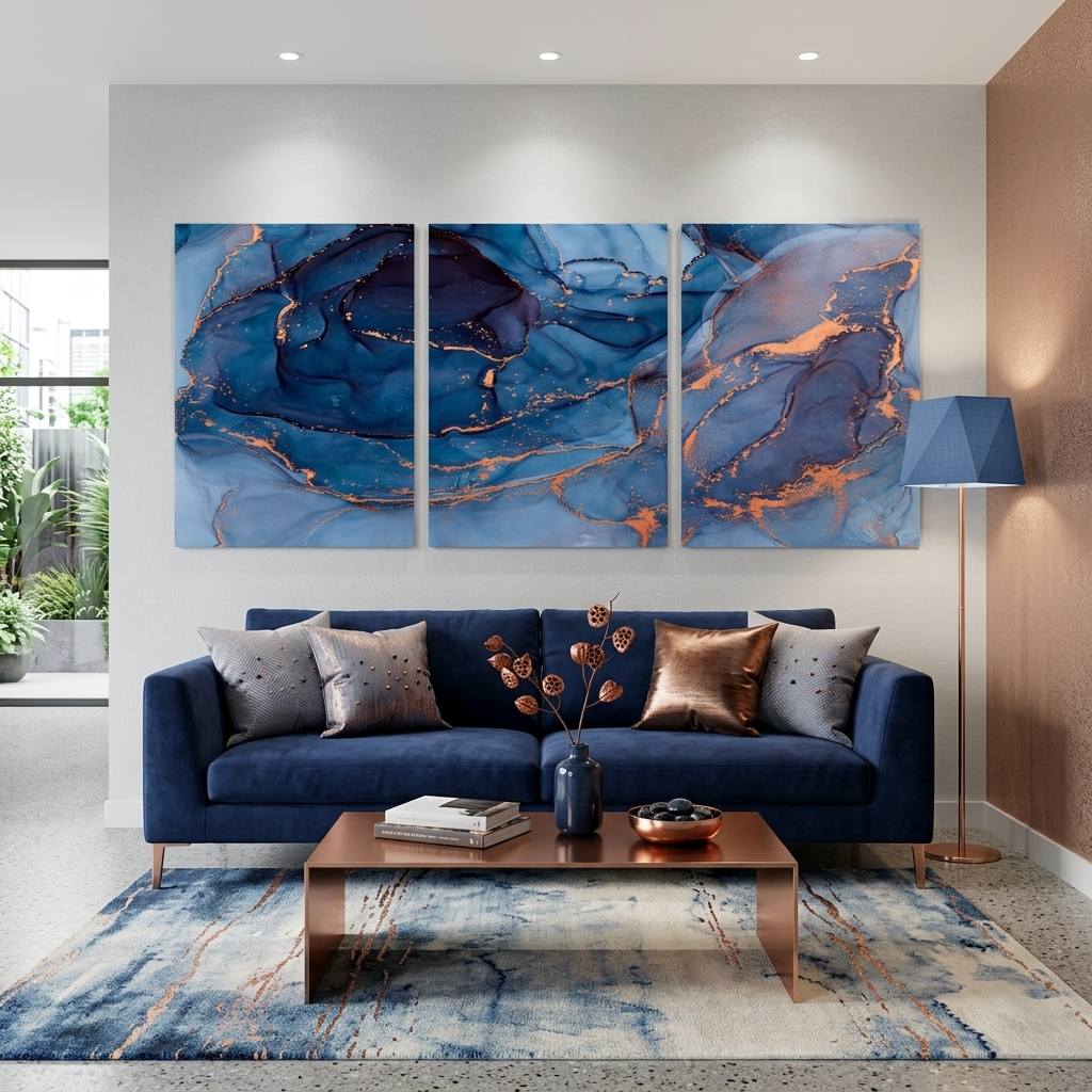 Modularer, abstrakter Kunstdruck auf Leinwand, mehrere Teile, Marineblau