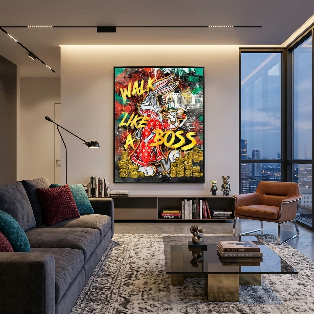 Kunstdruck auf Leinwand, Motiv: Hase mit Zigarre vor einem Hintergrund aus Dollar- und Goldmünzen