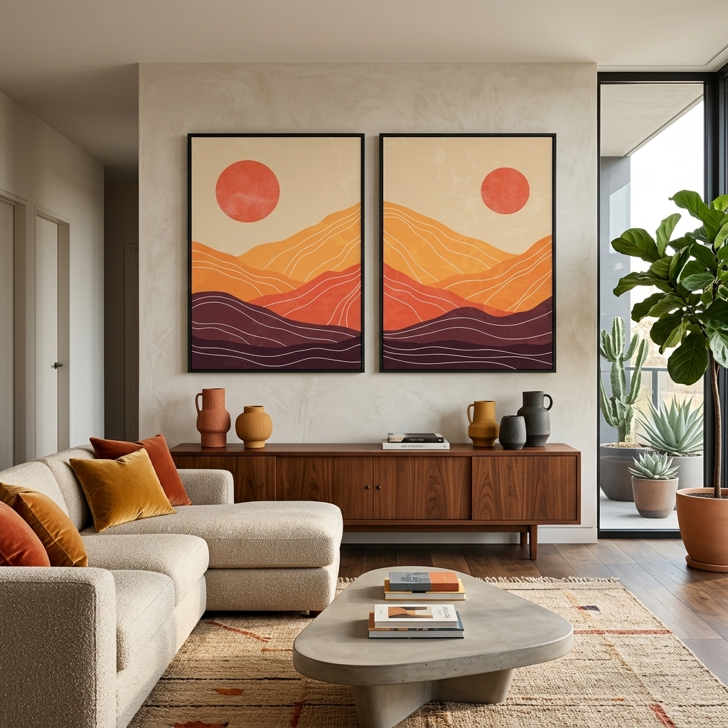 Modularer abstrakter Wüstendruck in den Farben Orange, Braun und Rot. Mehrteiliger Leinwand-Kunstdruck
