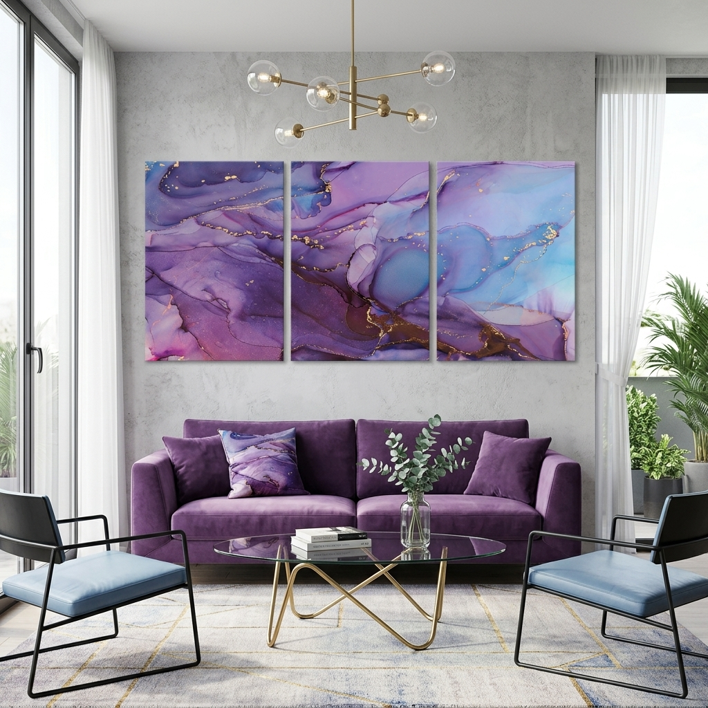Modularer abstrakter Kunstdruck auf Leinwand, mehrteilig, Rosa und Lila
