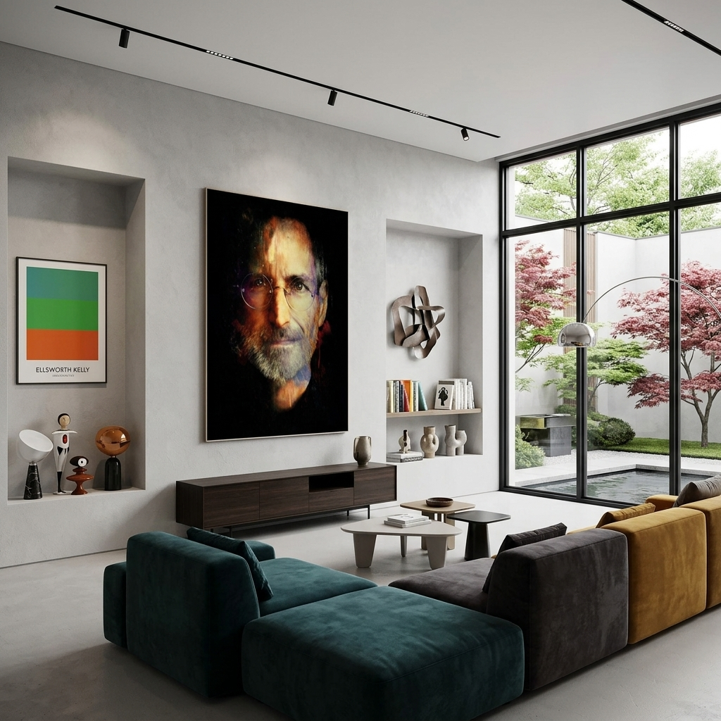 Kunstdruck auf Leinwand mit Steve Jobs auf schwarzem Hintergrund