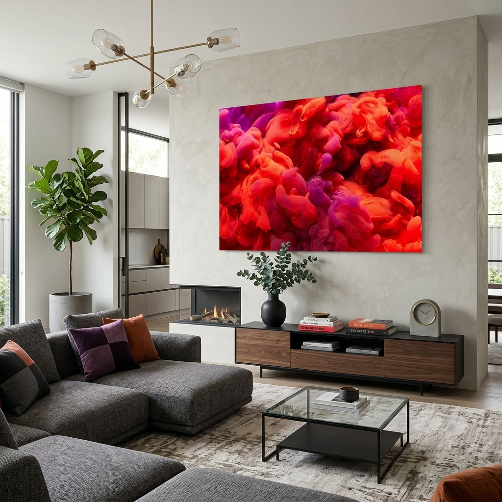 Kunstdruck auf Leinwand, rot und violett, Rauch