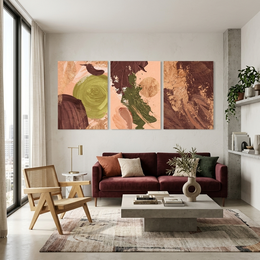 Modularer Kunstdruck auf Leinwand in Braun-Beige-Tönen mit grünen Elementen, mehrere Teile
