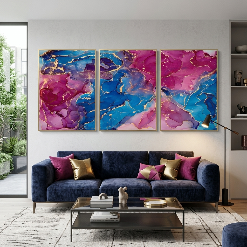 Modulare Abstraktion in Rosa- und Blautönen, mehrteiliger Kunstdruck auf Leinwand