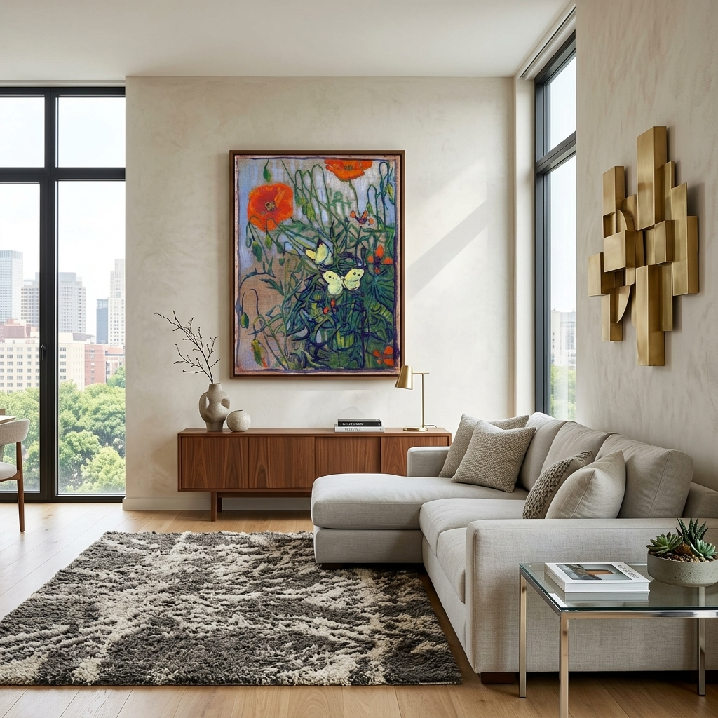 Reproduktion „Schmetterlinge und Mohnblumen“ von Vincent Van Gogh, Reproduktion auf Leinwand, Wand-Kunstdruck